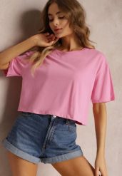 Jasnoróżowy T-shirt o Fasonie Cropped Oversize Brighta. Czerwone bluzki damskie Renee, l, bez wzorów, eleganckie, bez kołnierzyka, bez ramiączek. Za 29.99 zł.