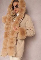 Beżowa Kurtka Parka ze Ściągaczem i Kapturem z Futerkiem Bellad. Brązowe kurtki damskie Renee, xl, z aplikacjami. Za 319.99 zł.