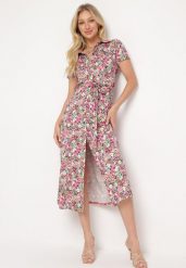 Różowo-Zielona Koszulowa Sukienka z Krótkim Rękawem i Wiskozą na Guziki z Materiałowym Paskiem Dimiata. Czerwone sukienki damskie Born2be, na spotkanie biznesowe, l, bez wzorów, z materiału, klasyczne, bez kołnierzyka, bez ramiączek, mini, koszulowe. Za 169.99 zł.