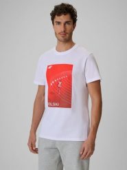 4F Koszulka kibica męska - biała XL. Białe koszulki sportowe męskie 4f, m, bez wzorów, z bawełny, bez kołnierzyka, bez ramiączek. Za 79.99 zł.