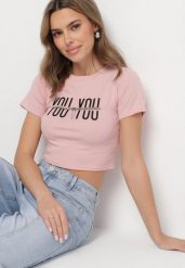 Różowy Bawełniany T-shirt z Napisem i Łańcuchem Olimelia. Czerwone bluzki damskie Born2be, m, bez wzorów, z bawełny, bez kołnierzyka, bez ramiączek. Za 39.99 zł.