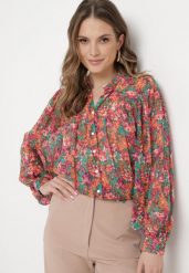 Różowo-Zielona Koszula z Transparentnego Materiału w Kwiaty Nomerttia. Czerwone bluzki damskie Born2be, l, bez wzorów, bez kołnierzyka, bez ramiączek. Za 119.99 zł.