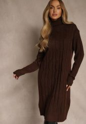 Brązowa Sukienka Sweterkowa z Golfem Wełną Bawełną i Ozdobnym Splotem Reilenea. Brązowe sukienki damskie Renee, na spotkanie biznesowe, l, bez wzorów, z bawełny, eleganckie, bez kołnierzyka, bez ramiączek, midi. Za 79.99 zł.