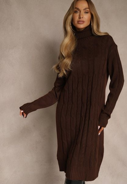 Brązowa Sukienka Sweterkowa z Golfem Wełną Bawełną i Ozdobnym Splotem Reilenea. Brązowe sukienki damskie Renee, na spotkanie biznesowe, l, bez wzorów, z bawełny, eleganckie, bez kołnierzyka, bez ramiączek, midi. Za 79.99 zł.