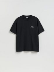 T-shirt relaxed fit z nadrukiem - czarny. Czarne t-shirty męskie Reserved, l, bez wzorów, z bawełny, bez kołnierzyka. Za 69.99 zł.