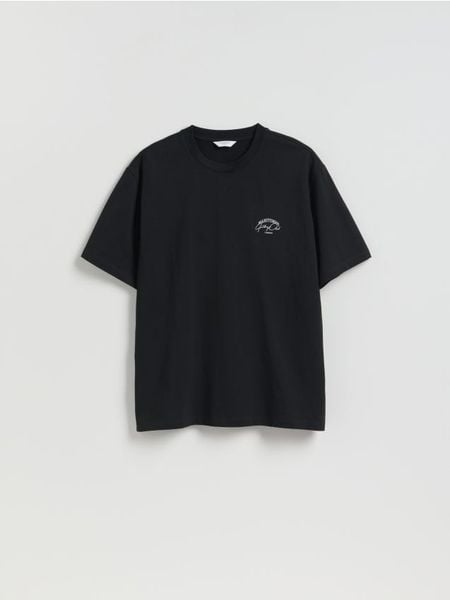 T-shirt relaxed fit z nadrukiem - czarny. Czarne t-shirty męskie Reserved, l, bez wzorów, z bawełny, bez kołnierzyka. Za 69.99 zł.