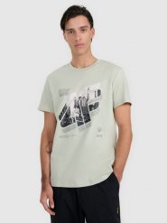 4F T-shirt regular z nadrukiem męski - turkusowy S. Niebieskie t-shirty męskie 4f, m, bez wzorów, ze skóry, bez kołnierzyka. W wyprzedaży za 59.99 zł.
