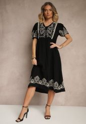 Czarna Rozkloszowana Sukienka z Bawełny w Stylu Boho z Haftowanymi Zdobieniami Lannilsa. Czarne sukienki damskie Renee, na spotkanie biznesowe, l, z aplikacjami, z bawełny, boho, bez kołnierzyka, bez ramiączek, midi, rozkloszowane. Za 149.99 zł.