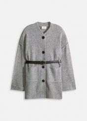 Krótki płaszcz dzianinowy z paskiem. Szare kurtki damskie bonprix, bez wzorów, z dzianiny, krótkie, bez kaptura. Za 219.99 zł.