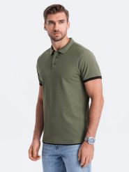 Męska bawełniana koszulka polo z kontrastowymi wykończeniami oliwkowa V6 OM-POSS-0113 XL. Zielone koszulki polo męskie Ombre, m, bez wzorów, z bawełny, bez ramiączek. Za 181.54 zł.