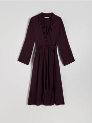 Sukienka midi - ciemnofioletowy. Fioletowe sukienki damskie Reserved, l, bez wzorów, z tkaniny, bez kołnierzyka, bez ramiączek, midi, rozkloszowane. W wyprzedaży za 69.99 zł.