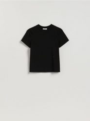 T-shirt z aplikacjami - czarny. Czarne t-shirty damskie Reserved, l, z aplikacjami, z bawełny, bez kołnierzyka. Za 69.99 zł.