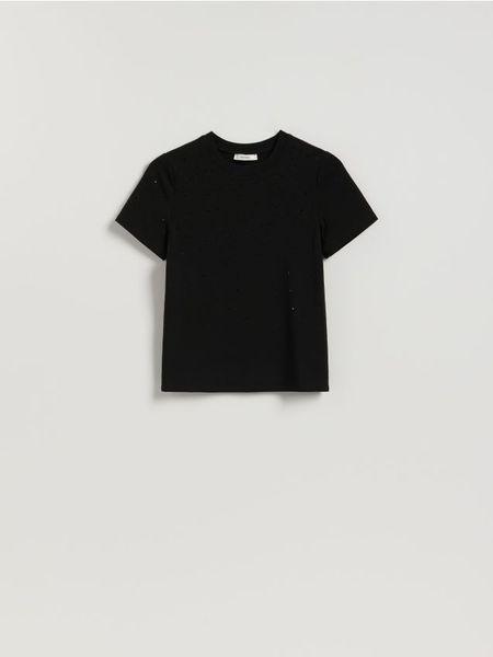 T-shirt z aplikacjami - czarny. Czarne t-shirty damskie Reserved, l, z aplikacjami, z bawełny, bez kołnierzyka. W wyprzedaży za 39.99 zł.