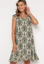 Zielono-Beżowa Bawełniana Sukienka w Stylu Boho na Ramiączkach z Falbanką Zaelle. Zielone sukienki damskie Born2be, na co dzień, l, bez wzorów, z bawełny, boho, bez kołnierzyka, bez ramiączek, midi. Za 39.99 zł.