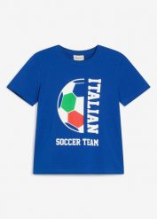 T-shirt z napisem Italian Soccer Team z czystej bawełny organicznej. Niebieskie koszule dla chłopców bonprix, bez wzorów, z bawełny, bez kołnierzyka, bez ramiączek. Za 34.99 zł.