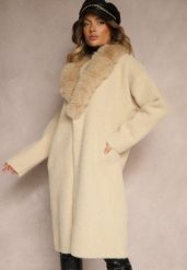 Beżowy Płaszcz z Dzianiny z Wełną Zdobiony Odpinanym Futrem Veliti. Brązowe płaszcze damskie Renee, l, z aplikacjami, z dzianiny, eleganckie, długie, bez kaptura. Za 279.99 zł.