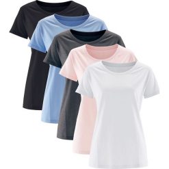 Długi shirt z okrągłym dekoltem (5 szt.), krótki rękaw bonprix perłowy jasnoróżowy + perłowy niebieski + antracytowy melanż + biały + czarny. Bluzki damskie bonprix. Za 99.95 zł.