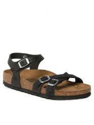 Birkenstock Sandały Kumba 1021487 Czarny. Czarne klapki damskie Birkenstock, bez wzorów, z syntetyku, bez obcasa, na płaskiej podeszwie, bez zapięcia. Za 579.99 zł.
