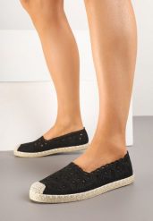 Czarne Espadryle Vices z Ażurową Cholewką i Plecionym Sznurkiem Arivoni. Czarne espadryle damskie Renee, w ażurowe wzory, eleganckie, bez obcasa, bez zapięcia. Za 44.99 zł.