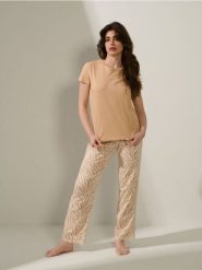 Bawełniana piżama dwuczęściowa w zeberkę - pomarańczowy. Brązowe piżamy damskie Sinsay, l, bez wzorów, z bawełny, bez ramiączek. Za 29.99 zł.