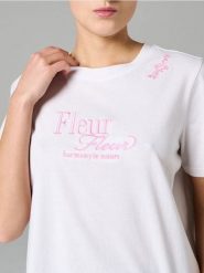 Bawełniana koszulka z haftowanym napisem - kremowy. Białe t-shirty damskie Sinsay, l, bez wzorów, z bawełny, bez kołnierzyka. Za 19.99 zł.