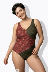 Damskie Strój kąpielowy palmy w kopertowym stylu miękkie miseczki. Fioletowe kostiumy jednoczęściowe damskie Ulla Popken, plus size, bez wzorów, z elastanu, boho, plus size, do pływania. Za 191.99 zł.