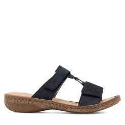 Klapki Rieker. Niebieskie klapki damskie Rieker, bez wzorów, bez obcasa. Za 289.99 zł.