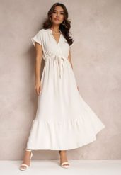 Beżowa Kopertowa Sukienka z Gumką w Talii i Wiązaniem Mylelse. Brązowe sukienki damskie Renee, na imprezę, na lato, l, bez wzorów, eleganckie, bez kołnierzyka, bez ramiączek, maxi, kopertowe. Za 59.99 zł.