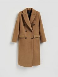Płaszcz z wełną Bellandi - beżowy. Brązowe płaszcze damskie Reserved, l, bez wzorów, z tkaniny, bez kaptura. Za 699.99 zł.