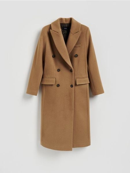Płaszcz z wełną Bellandi - beżowy. Brązowe płaszcze damskie Reserved, l, bez wzorów, z tkaniny, bez kaptura. Za 699.99 zł.