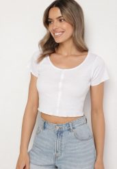 Biały Bawełniany T-shirt o Dopasowanym Kroju z Guzikami Filareina. Białe bluzki damskie Born2be, l, bez wzorów, z bawełny, eleganckie, bez kołnierzyka. Za 34.99 zł.