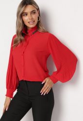 Czerwona Koszula z Luźnym i Plisowanym Rękawem Peolla. Czerwone bluzki damskie Born2be, bez wzorów, bez kołnierzyka, bez ramiączek. Za 109.99 zł.