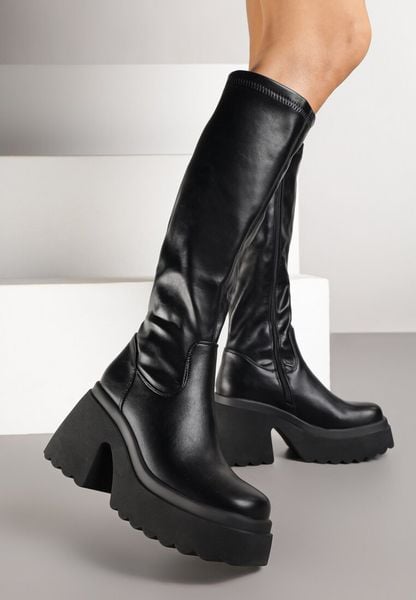 Czarne Kozaki na Słupku i Platformie z Dopasowaną Cholewką Avelgissa. Czarne kozaki damskie Renee, bez obcasa, na obcasie. Za 229.99 zł.