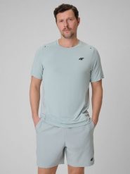 4F Koszulka regular treningowa szybkoschnąca męska - miętowa L. Niebieskie koszulki sportowe męskie 4f, l, bez wzorów, ze skóry, bez kołnierzyka, bez ramiączek, na fitness i siłownię. Za 129.99 zł.