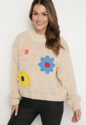 Beżowy Sweter z Wiskozą Ozdobiony Kwiatami 3D Alabine. Brązowe swetry damskie Born2be, l, bez wzorów, z jeansu, bez kołnierzyka, bez ramiączek, bez kaptura. Za 99.99 zł.