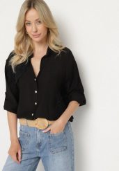 Czarna Wiskozowa Koszula Oversize z Lnem Zdobiona Kwiatową Aplikacją Finreis. Czarne bluzki damskie Born2be, na lato, m, z aplikacjami, z jeansu, eleganckie, bez kołnierzyka, bez ramiączek. Za 79.99 zł.