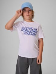4F T-shirt regular z nadrukiem chłopięcy - biały 122 (6-7 lat). Białe t-shirty dla chłopców 4f, bez wzorów, z bawełny, bez ramiączek. Za 49.99 zł.