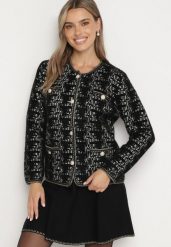 Czarny Kardigan w Stylu Retro z Perłowymi Guzikami i Metaliczną Nitką Daiviana. Czarne kardigany damskie Born2be, na zimę, m, bez wzorów, retro, bez kołnierzyka, bez ramiączek, bez kaptura. Za 109.99 zł.