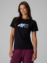 4F T-shirt regular z nadrukiem damski - czarny XXL. Czarne koszulki sportowe damskie 4f, m, bez wzorów, z bawełny, bez kołnierzyka, bez ramiączek, trekkingowe. Za 69.99 zł.
