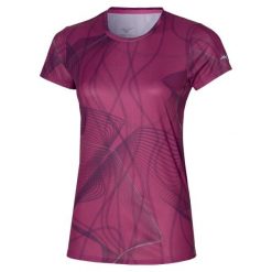 Koszulka do biegania damska Mizuno Graphic Tee. Fioletowe koszulki sportowe damskie Mizuno, m, bez wzorów, z materiału, bez kołnierzyka, bez ramiączek, do biegania. Za 69.99 zł.