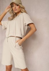 Beżowy Komplet Dresowy Bluza z Kapturem i Krótkimi Rękawami oraz Szorty Choana. Brązowe bluzy damskie Renee, s, bez wzorów, z dresówki, z kapturem. Za 109.99 zł.