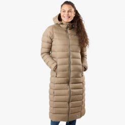 Kurtka damska hiking wodoodporna wiatroszczelna oddychająca Östersund Long. Brązowe kurtki damskie SWEDEMOUNT, bez wzorów, z puchu, bez kaptura, trekkingowe. Za 899.99 zł.