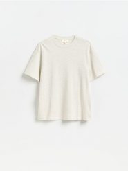 T-shirt boxy - beżowy. Brązowe t-shirty męskie Reserved, l, bez wzorów, z bawełny, bez kołnierzyka. Za 119.99 zł.