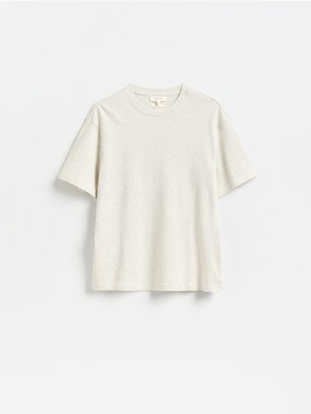 Bawełniany t-shirt boxy - beżowy. Brązowe t-shirty męskie Reserved, l, bez wzorów, z bawełny, bez kołnierzyka. Za 119.99 zł.