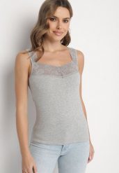 Ciemnoszary Top z Bawełny Ozdobiony Koronkową Wstawką Arithara. Szare bluzki damskie Born2be, l, bez wzorów, z bawełny, eleganckie, bez kołnierzyka, bez ramiączek. Za 19.99 zł.
