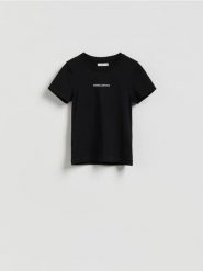 Dopasowany t-shirt z nadrukiem - czarny. Czarne t-shirty damskie Reserved, l, bez wzorów, z bawełny, bez kołnierzyka. Za 39.99 zł.