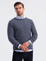 Męski dzianinowy sweter w strukturalne kropki – granatowy V1 OM-SWSW-0118 - XXL. Niebieskie swetry przez głowę męskie Ombre Clothing, l, z aplikacjami, z bawełny, bez kołnierzyka. Za 119.99 zł.