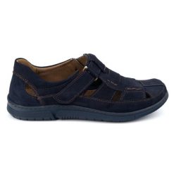 KOMODO Buty męskie skórzane na rzep 937KOM granatowe niebieskie. Niebieskie półbuty na co dzień męskie na lato, z materiału, klasyczne, bez zapięcia. Za 367.89 zł.