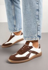Brązowo-Białe Sneakersy w Stylu Kultowych Tenisówek z Ozdobną Klamerką Senaliera. Brązowe obuwie sportowe damskie Born2be, bez wzorów, z jeansu, tenisowe. Za 89.99 zł.