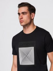 Męska koszulka bawełniana z geometrycznym nadrukiem - czarna V1. Czarne t-shirty męskie Ombre Clothing, m, bez wzorów, z bawełny, bez kołnierzyka. Za 129.99 zł.